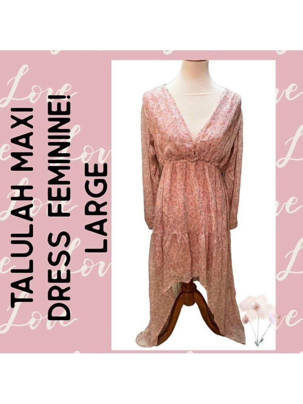 Talulah Womens Maxi Dress Floral Boho Style Flowy Ruffled Hem Blush Pink Large